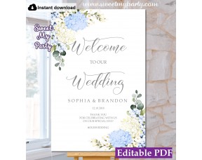 Blue Ivory Hydrangea welcome sign template,wedding welcome sign,(139)